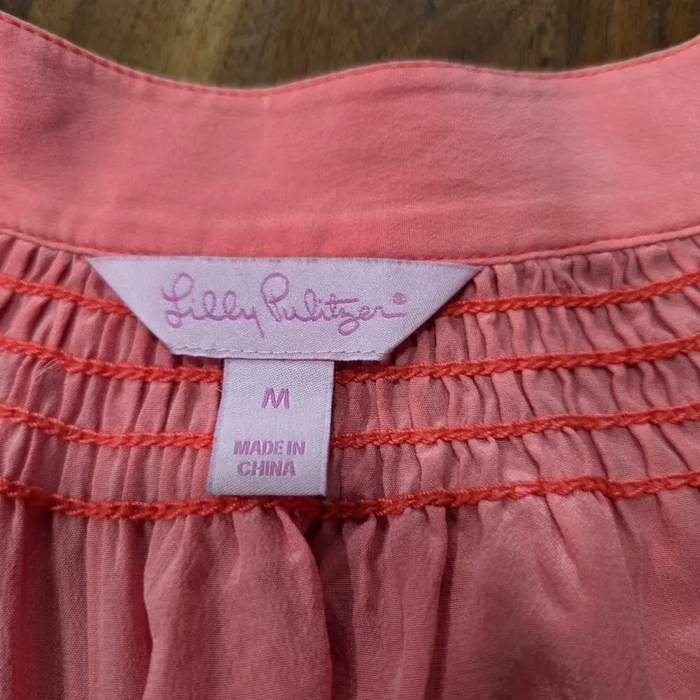 Lilly Pullitzer Elsa Silk Top Women's Blouse Vneck Elastic Cuffs Size Medium - Picture 7 of 11